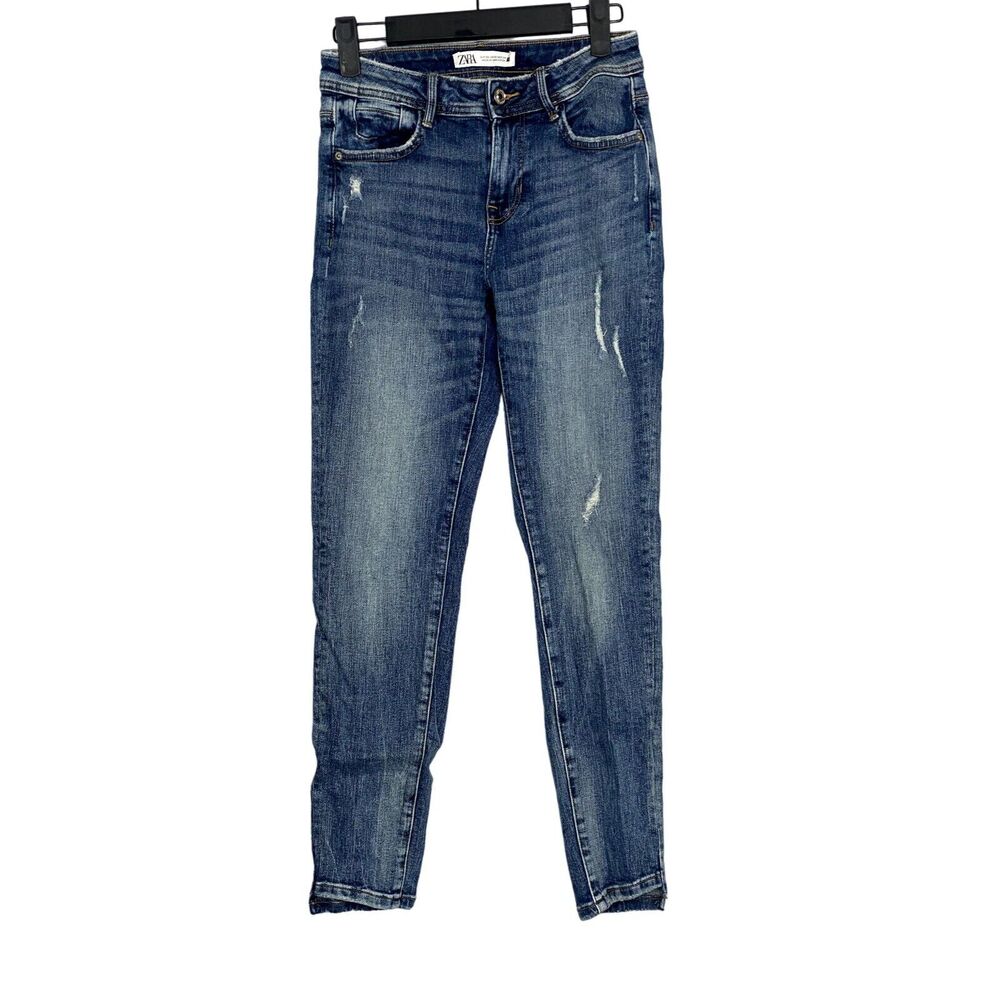 ZARA Cotton Skinny Mid Rise Distressed Stretch Casual Jean Hem Side Slits 2 Blue